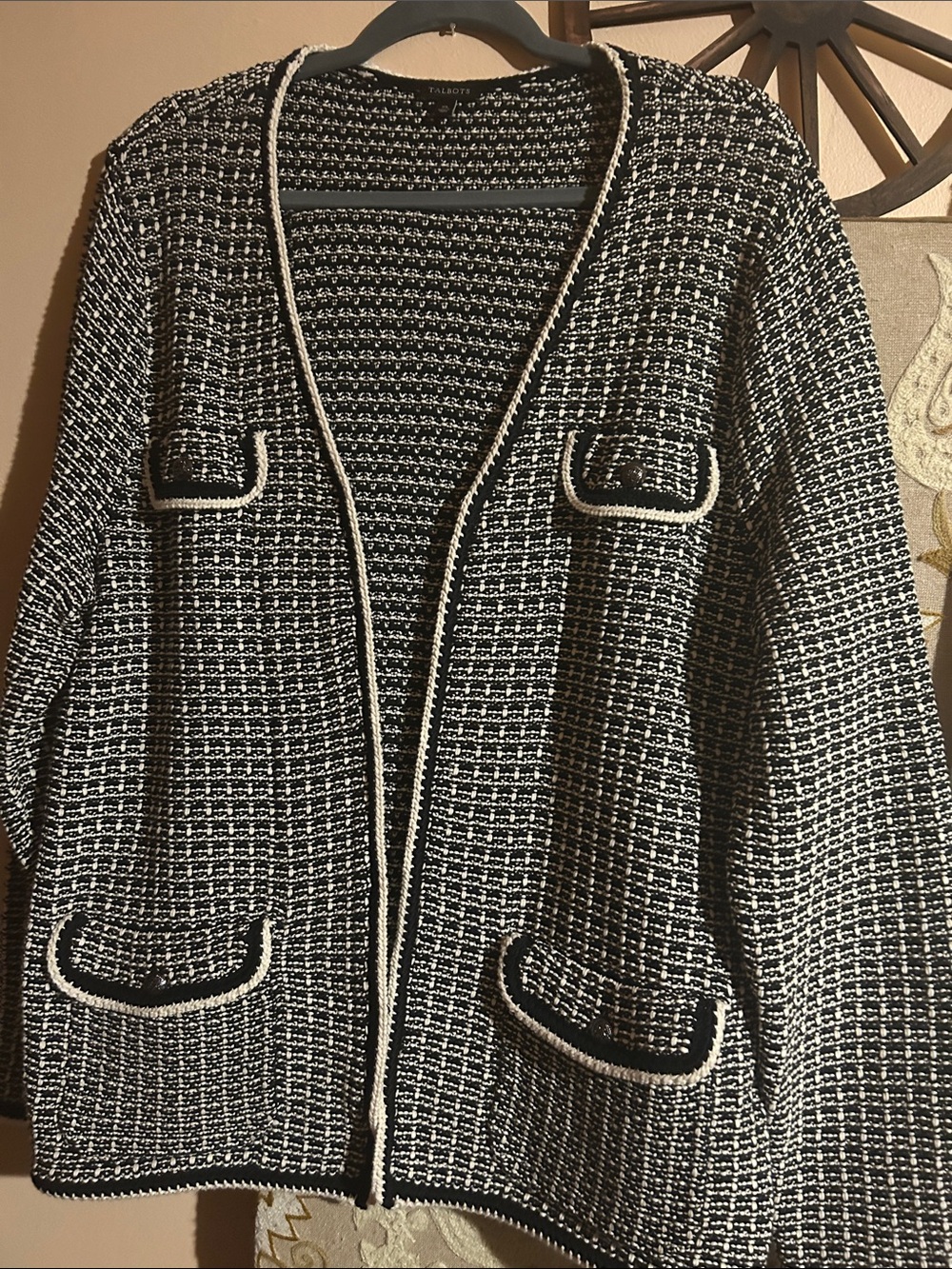 Talbots Black and White Tweed Open-Front Cardigan Jacket